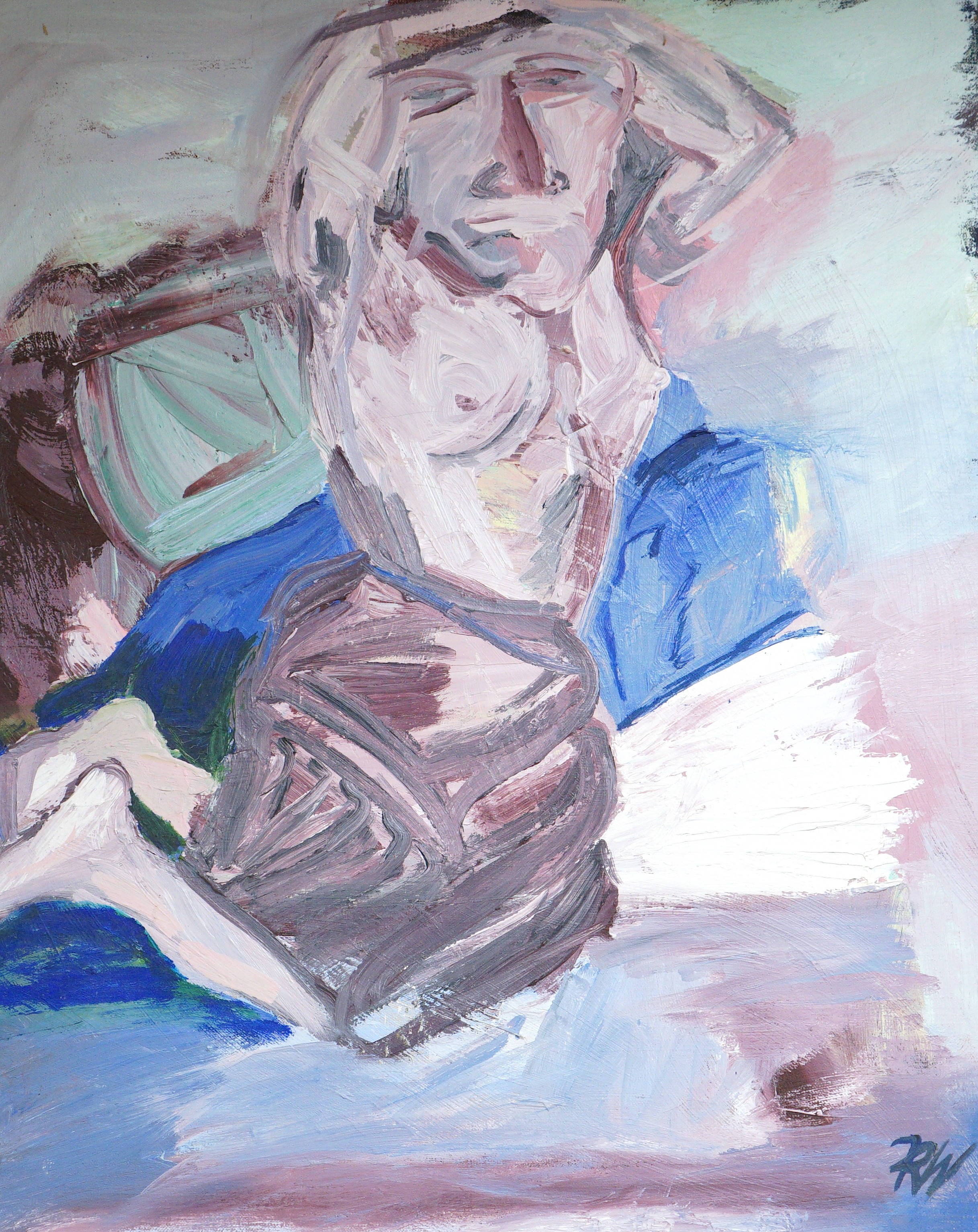 Modern British, oil on canvas, Stylised nude, monogrammed RW, 68 x 56cm